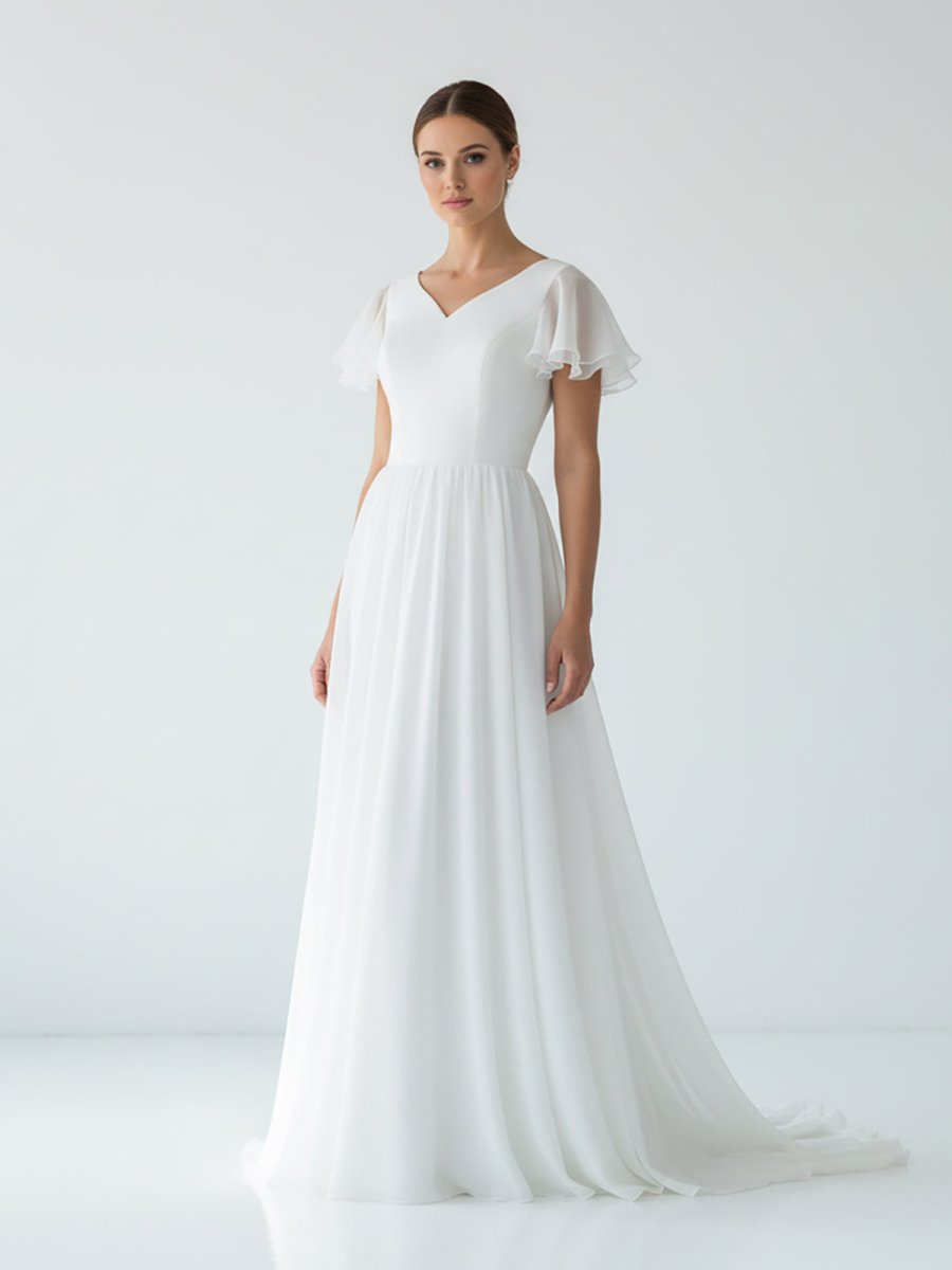 Liora | A Line V - neck Chiffon Floor - length Brush Train Short Sleeve Wedding Dress with Ruffles - KissProm
