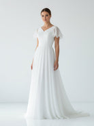 Liora | A Line V - neck Chiffon Floor - length Brush Train Short Sleeve Wedding Dress with Ruffles - KissProm