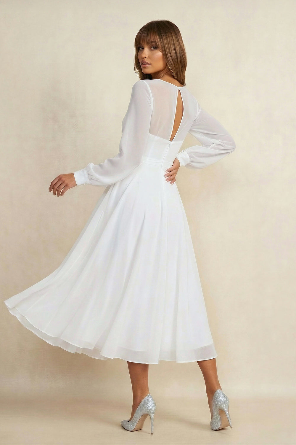 A-Line V-neck Chiffon Long Sleeves Zipper Wedding Dress