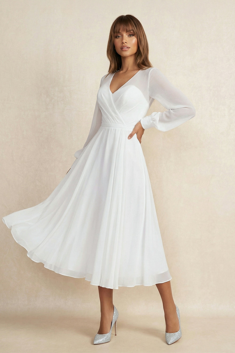 A-Line V-neck Chiffon Long Sleeves Zipper Wedding Dress