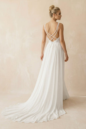 A - Line V - Neck Chiffon Wedding Dresses with Appliques in White - KissProm Wedding Dresses