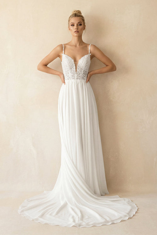 A - Line V - Neck Chiffon Wedding Dresses with Appliques in White - KissProm Wedding Dresses
