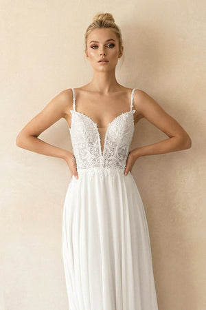 A - Line V - Neck Chiffon Wedding Dresses with Appliques in White - KissProm Wedding Dresses