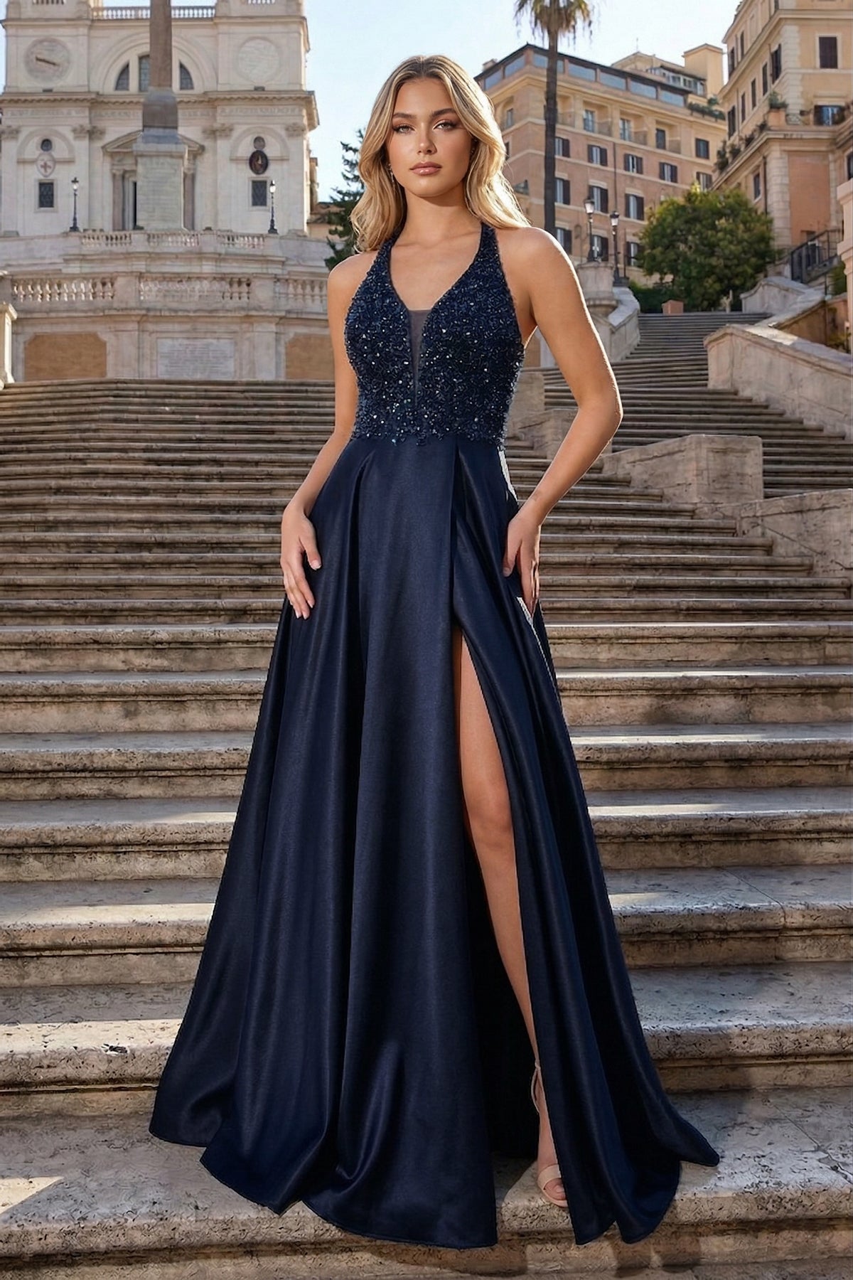 navy v neck dress Beaded Lace Long With See-Through Mesh Paneling Finished with slip Buy Wash Navy Blue Textured