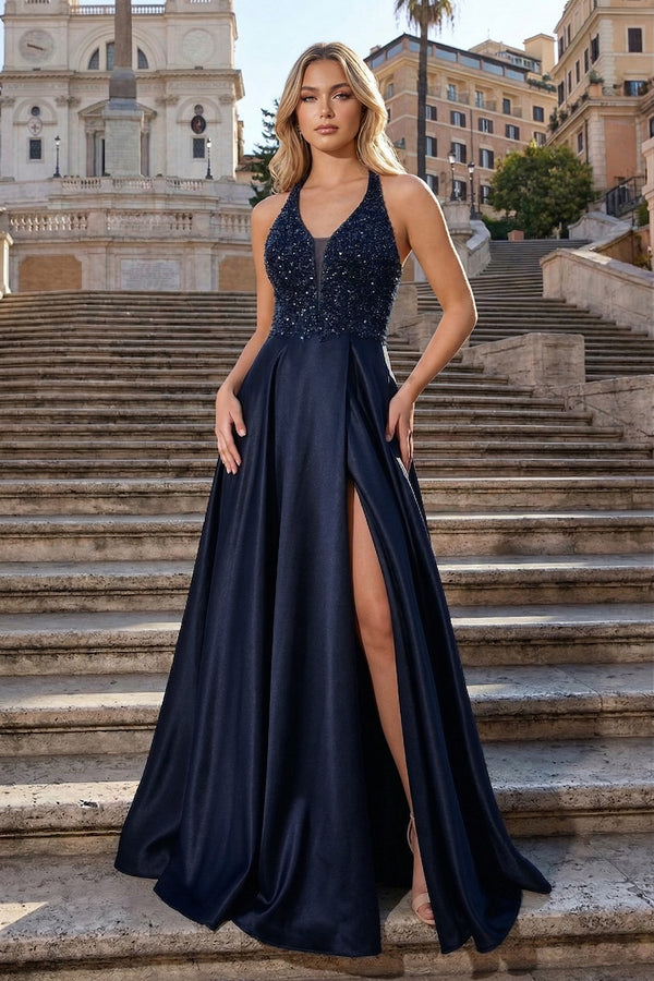 a line v neck formal dress Empire-Waist Classic Long Satin Prom Dress