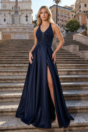 Navy Blue A - Line V - Neck Satin Prom Dress with Slit - KissProm