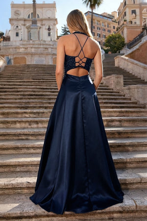 A-Line V-Neck Satin Prom Dress with Slit
