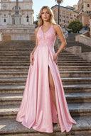 Pink A - Line V - Neck Satin Prom Dress with Slit - KissProm
