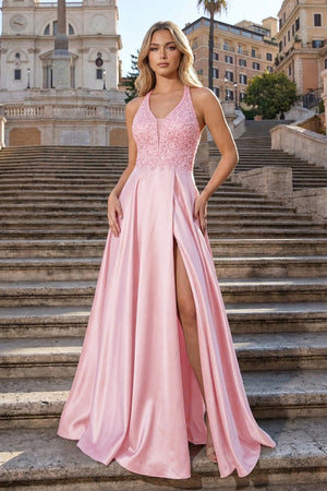 A-Line V-Neck Satin Prom Dress with Slit