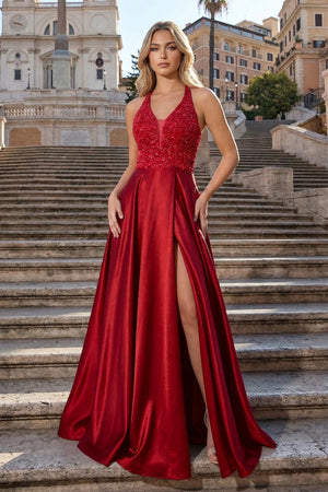 A-Line V-Neck Satin Prom Dress with Slit