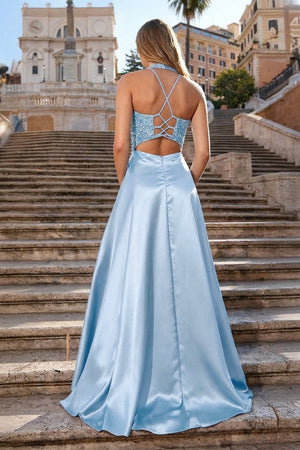 A-Line V-Neck Satin Prom Dress with Slit