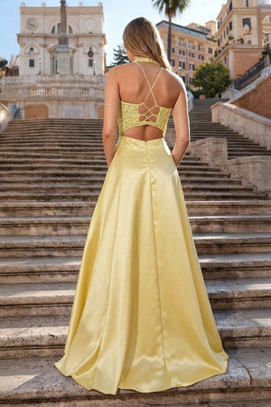 A-Line V-Neck Satin Prom Dress with Slit