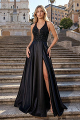A - Line V - Neck Satin Prom Dress with Slit - KissProm