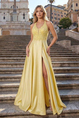 A-Line V-Neck Satin Prom Dress with Slit