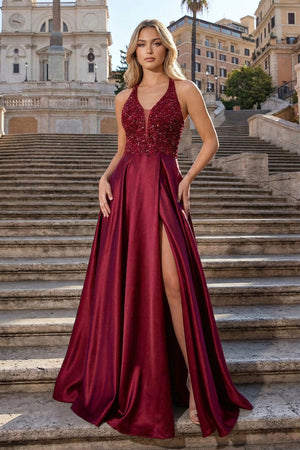 A-Line V-Neck Satin Prom Dress with Slit
