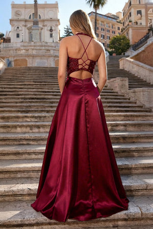 A-Line V-Neck Satin Prom Dress with Slit