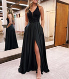 Colette |A-Line V-Neck Satin Prom Dress with Slit