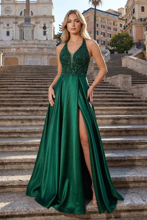 A-Line V-Neck Satin Prom Dress with Slit