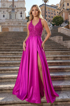 A-Line V-Neck Satin Prom Dress with Slit