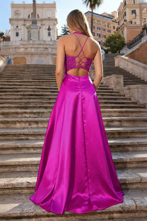A-Line V-Neck Satin Prom Dress with Slit