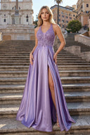 Lilac A - Line V - Neck Satin Prom Dress with Slit - KissProm