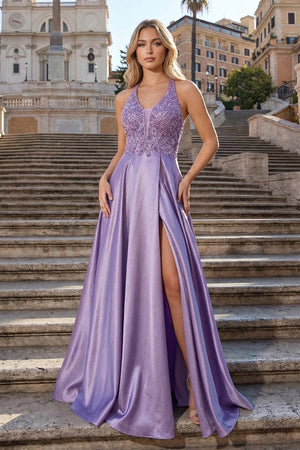 A-Line V-Neck Satin Prom Dress with Slit