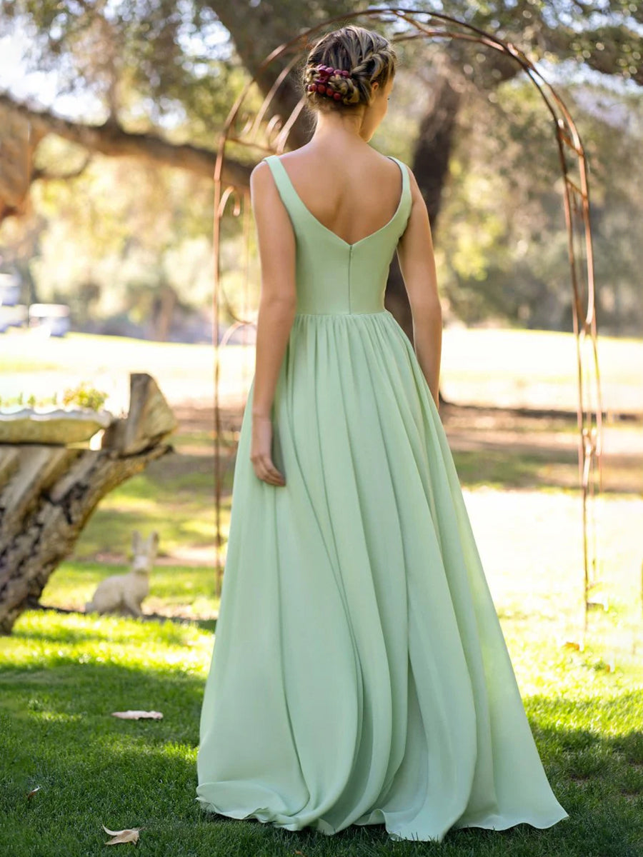 A - Line V - neck Floor - Length Chiffon Bridesmaid Dress - KissProm