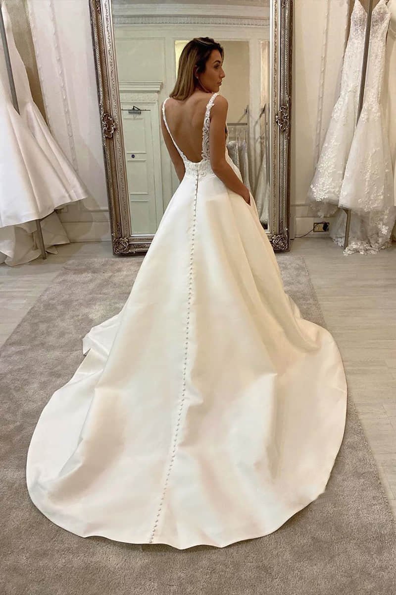 satin lace wedding dress A-Line V-neck Lace Appliques Satin Wedding Dress Bridal Gowns, Diamond White / 14
