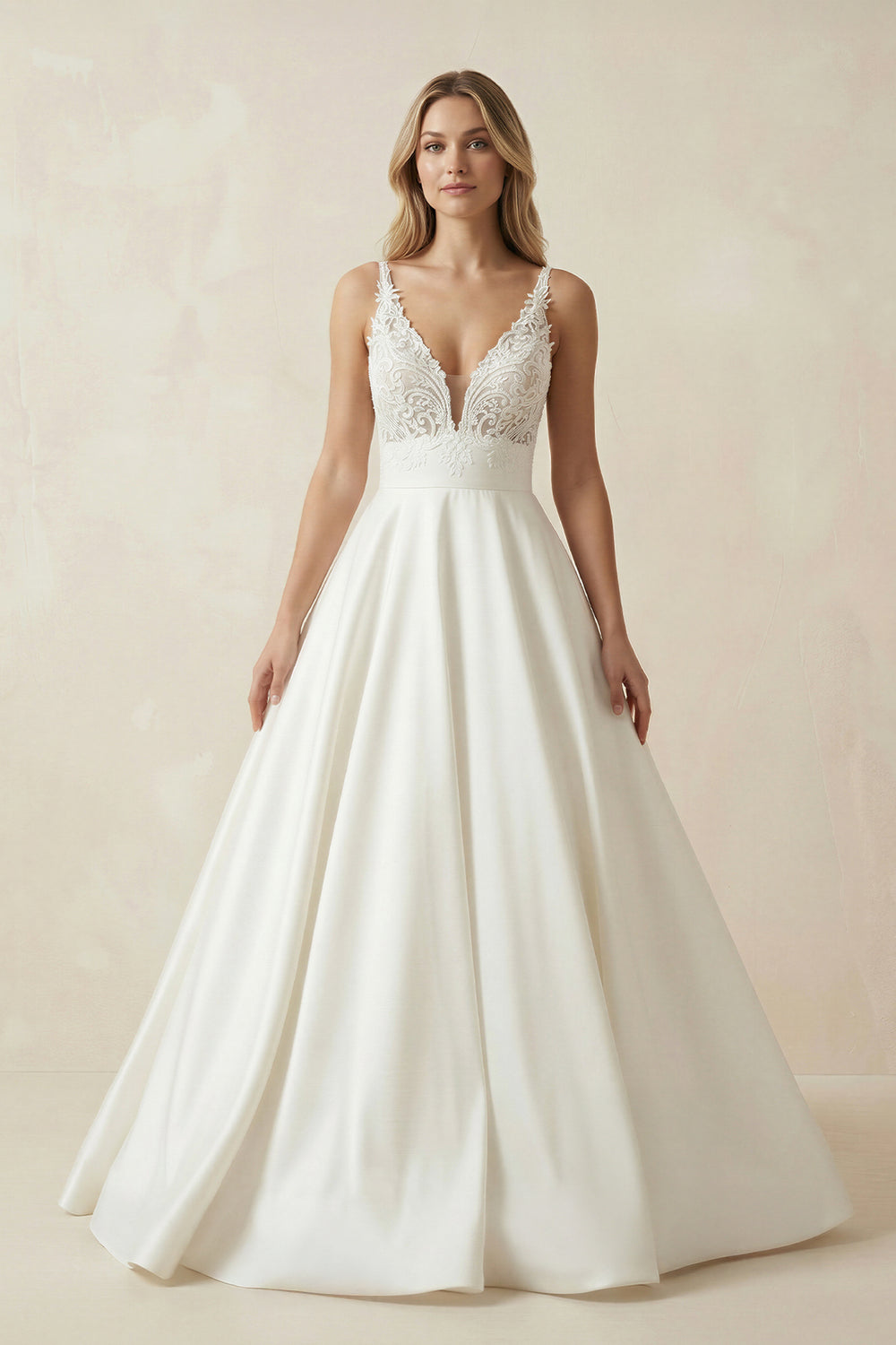 A-Line V-neck Lace Appliques Satin Wedding Dress Bridal Gowns, Diamond White / 6 A-Line V-neck Lace Appliques Satin Wedding Dress Bridal Gowns, Diamond White / 6