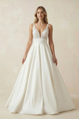 A-Line V-neck Lace Appliques Satin Wedding Dress Bridal Gowns– Wedding Dresses by KissProm | Available at KissProm