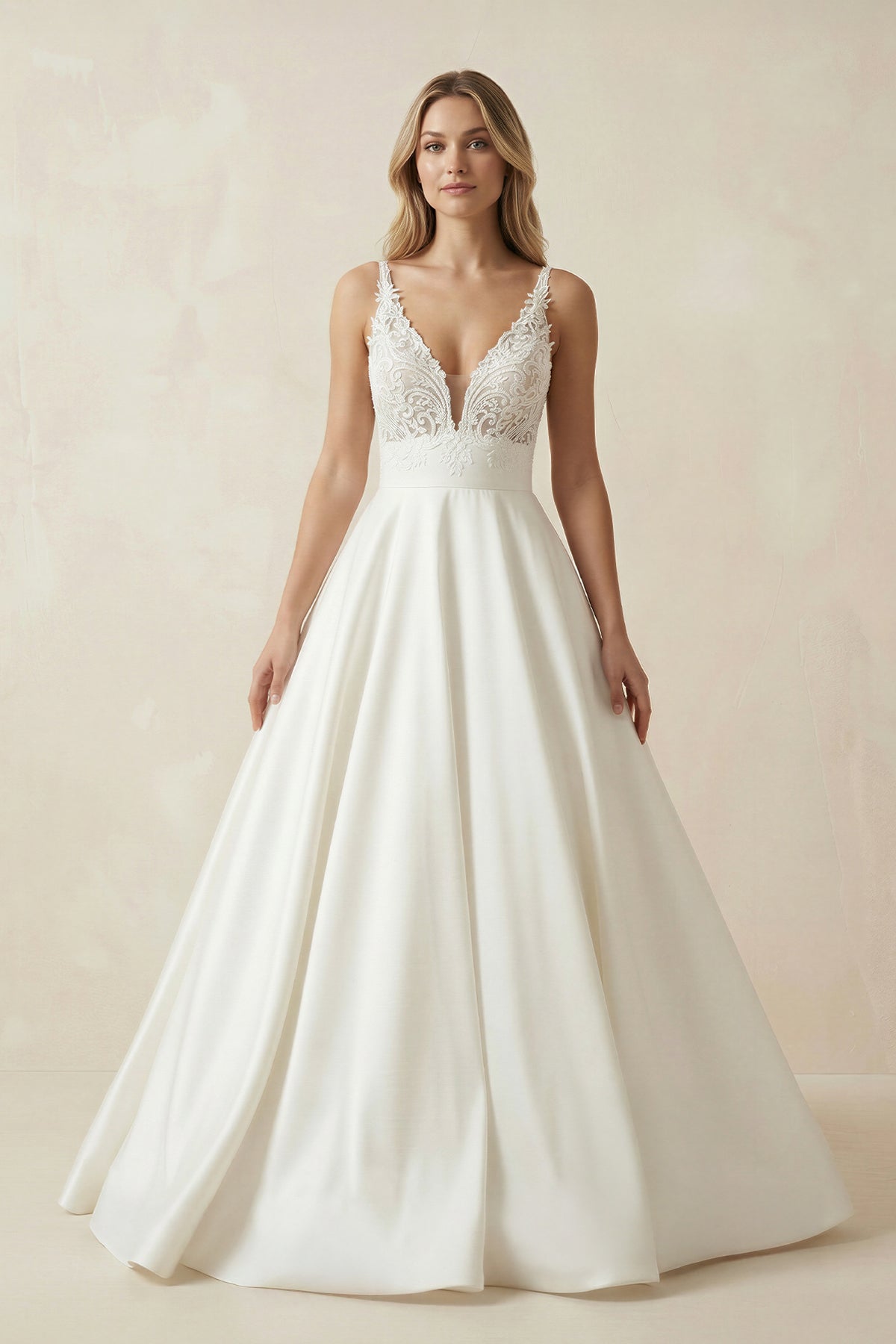 KissProm A-Line V-neck Lace Appliques Satin Wedding Dress Bridal Gowns, Diamond White / 6