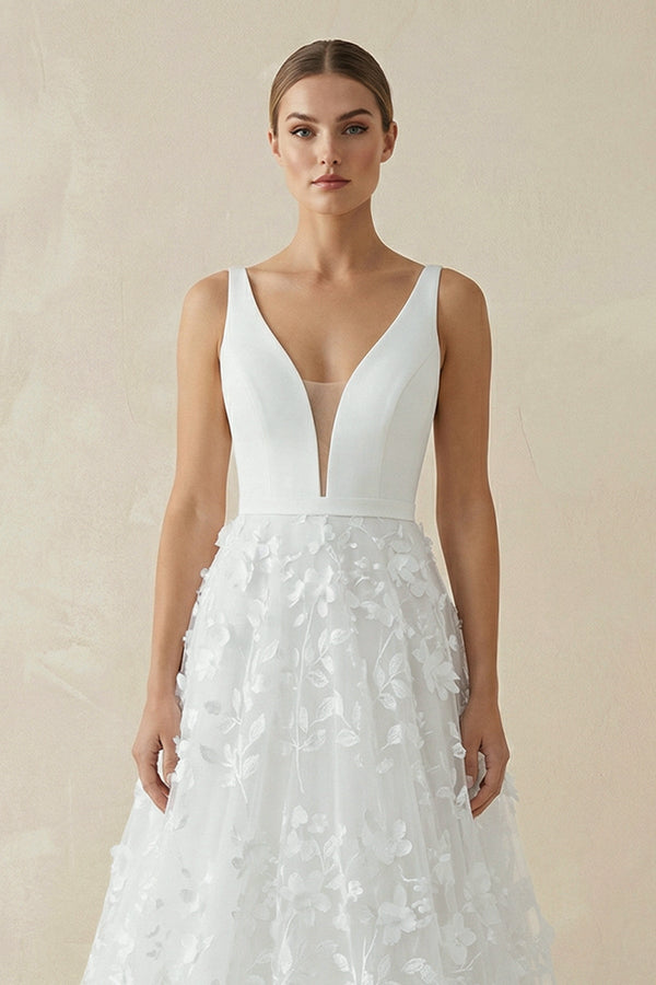 A Line V - Neck Lace Sleeveless Wedding Dresses - KissProm Wedding Dresses