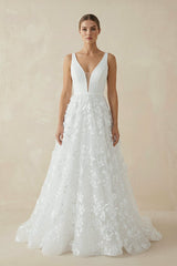 A Line V - Neck Lace Sleeveless Wedding Dresses - KissProm Wedding Dresses