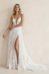 Henley | White Boho A-Line Lace Wedding Dress with Appliques