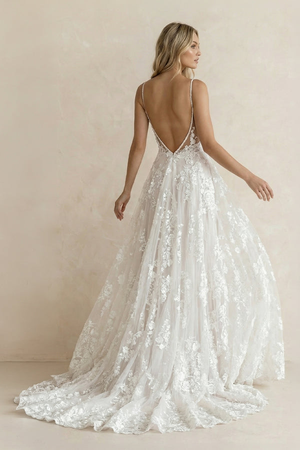 White Boho A-Line Lace Wedding Dress with Appliques, White / 12 White Boho A-Line Lace Wedding Dress with Appliques, White / 12