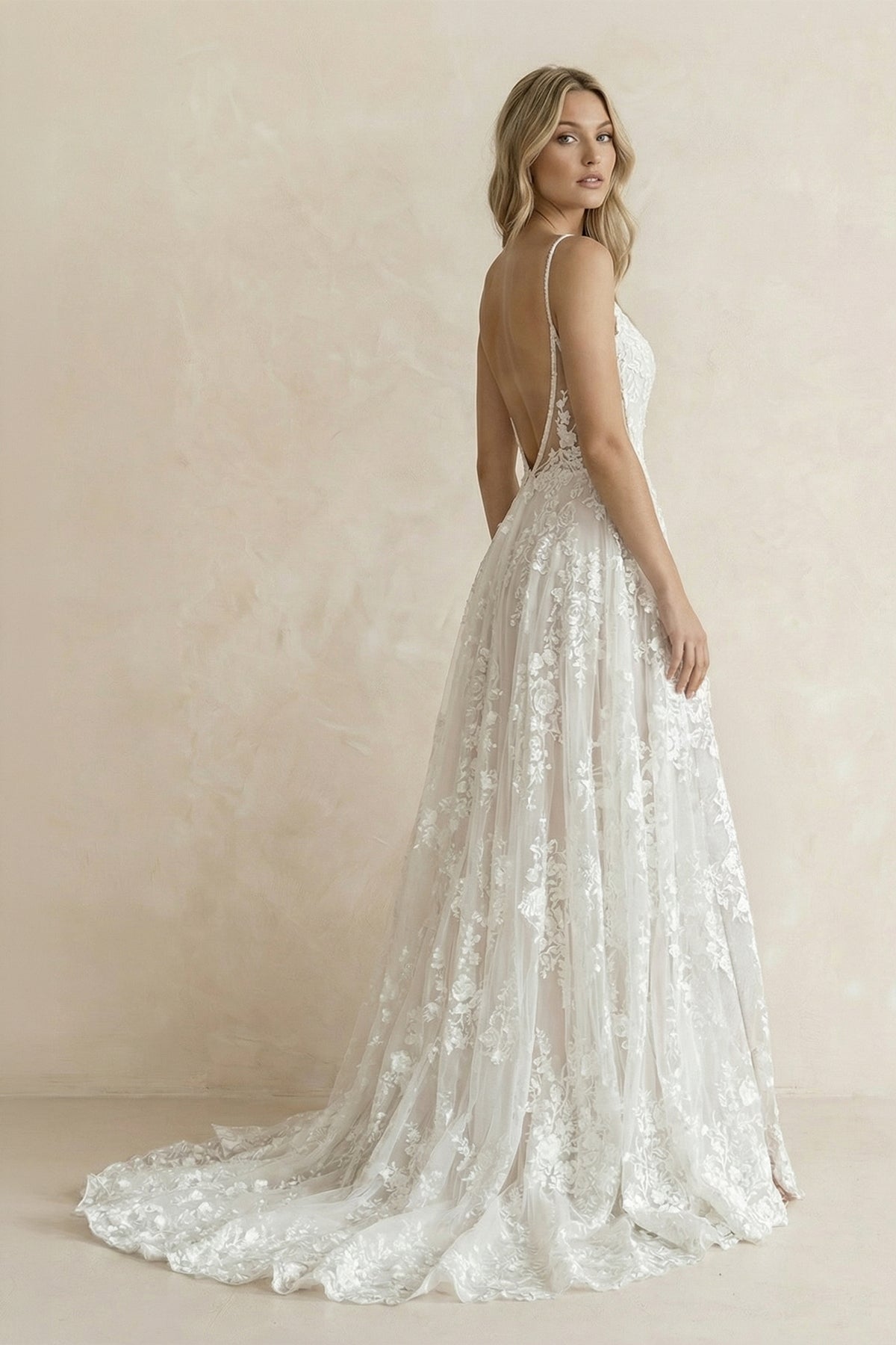 White Boho A-Line Lace Wedding Dress with Appliques, White / 12 White Boho A-Line Lace Wedding Dress with Appliques, White / 12