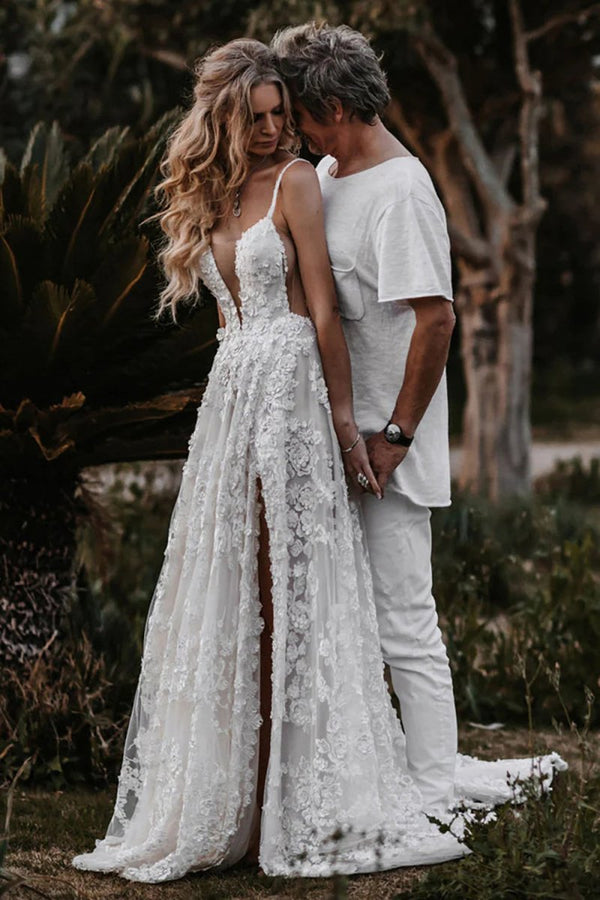 KissProm White Boho A-Line Lace Wedding Dress with Appliques, White / 12