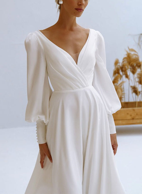 V-Neck Long Sleeves Lace Top Chiffon Pleated Dress Taupe
