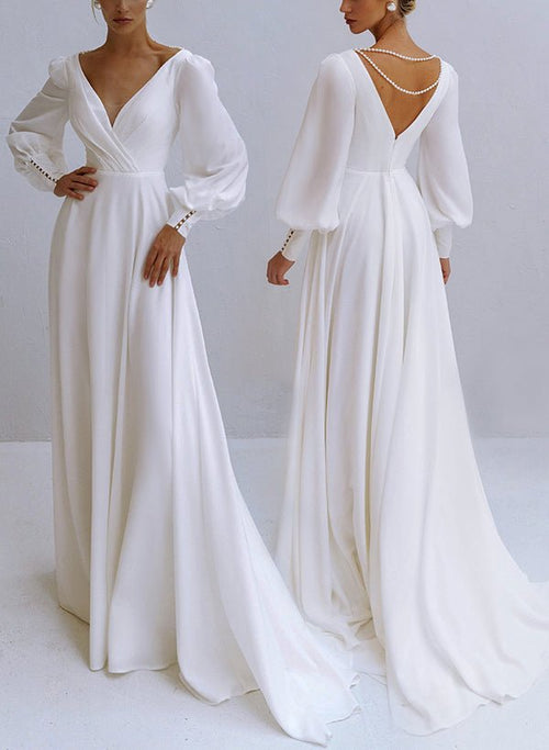 Pleated V-neck Chiffon A-Line Dress With Beading Tahiti