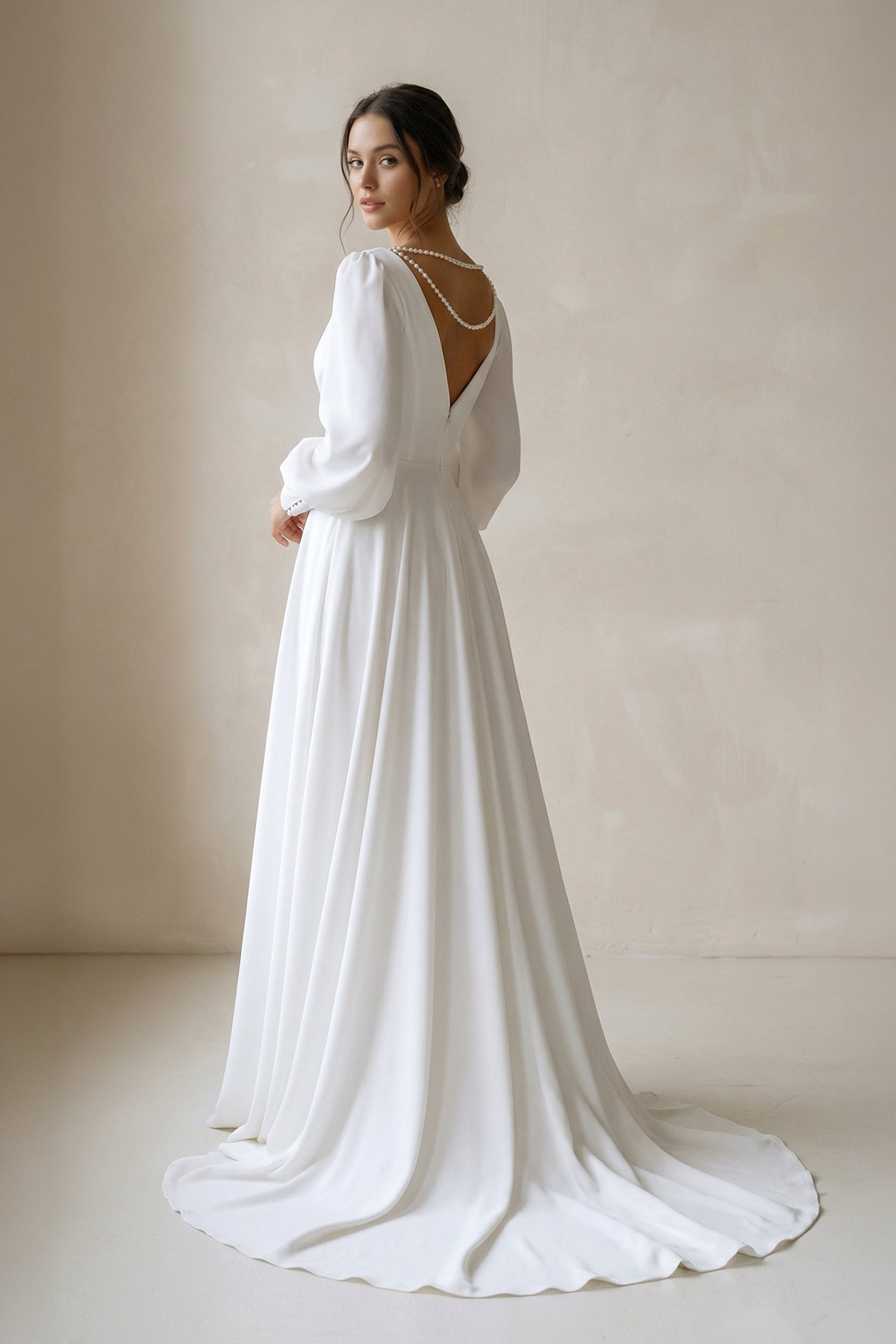 A-Line V-Neck Long Sleeves Chiffon Wedding Dresses With Beading, Diamond White / 12 A-Line V-Neck Long Sleeves Chiffon Wedding Dresses With Beading, Diamond White / 12