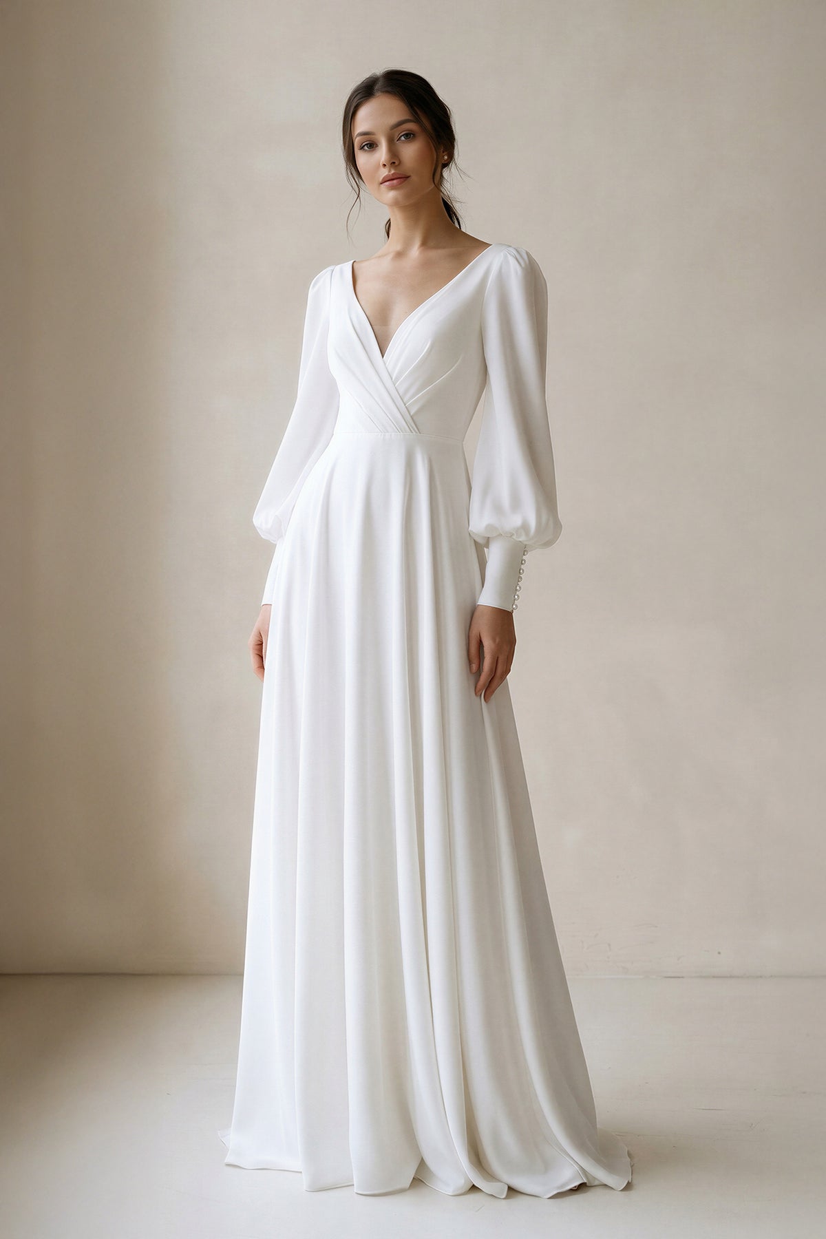 A-Line V-Neck Long Sleeves Chiffon Wedding Dresses With Beading Diamond White / 12