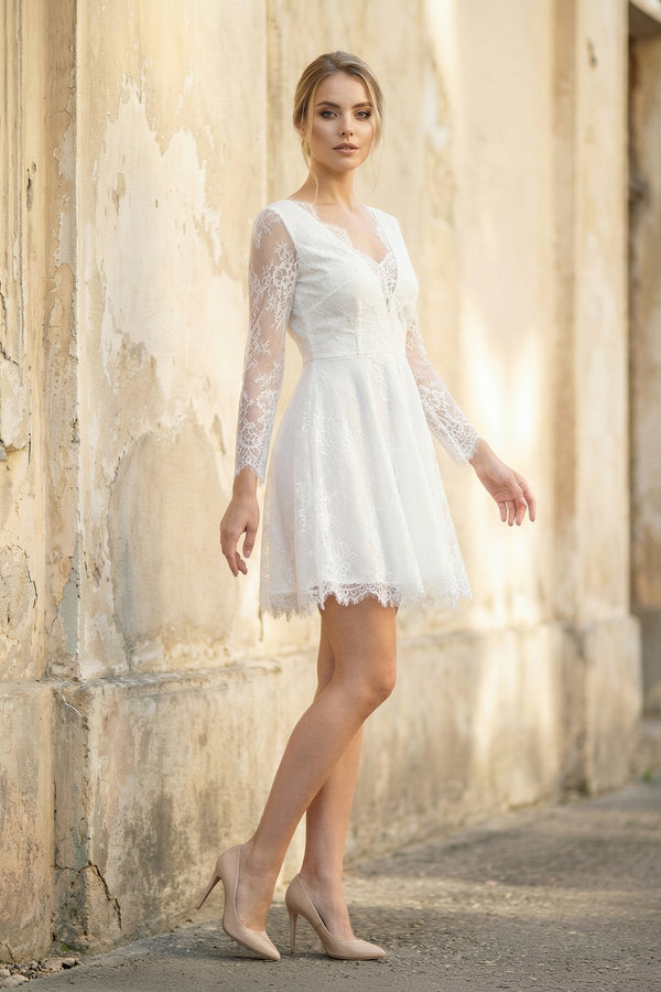 A-Line V Neck Long Sleeves Lace Mini Wedding Dress – Dress by KissProm | Available at KissProm
