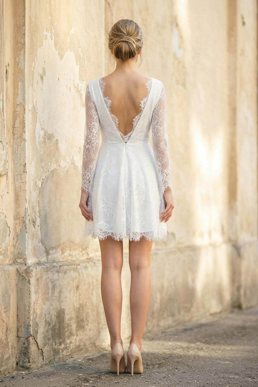 A-Line V Neck Long Sleeves Lace Mini Wedding Dress – Dress by KissProm | Available at KissProm