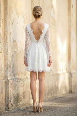 A-Line V Neck Long Sleeves Lace Mini Wedding Dress – Dress by KissProm | Available at KissProm