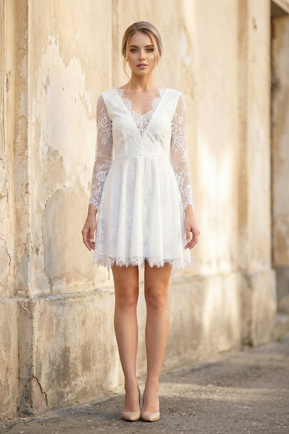 soft lace sheath wedding dress with low back Sheath Sweep Train Open Back Boho Wedding Dress with Split WD397 US12 / White main image 0