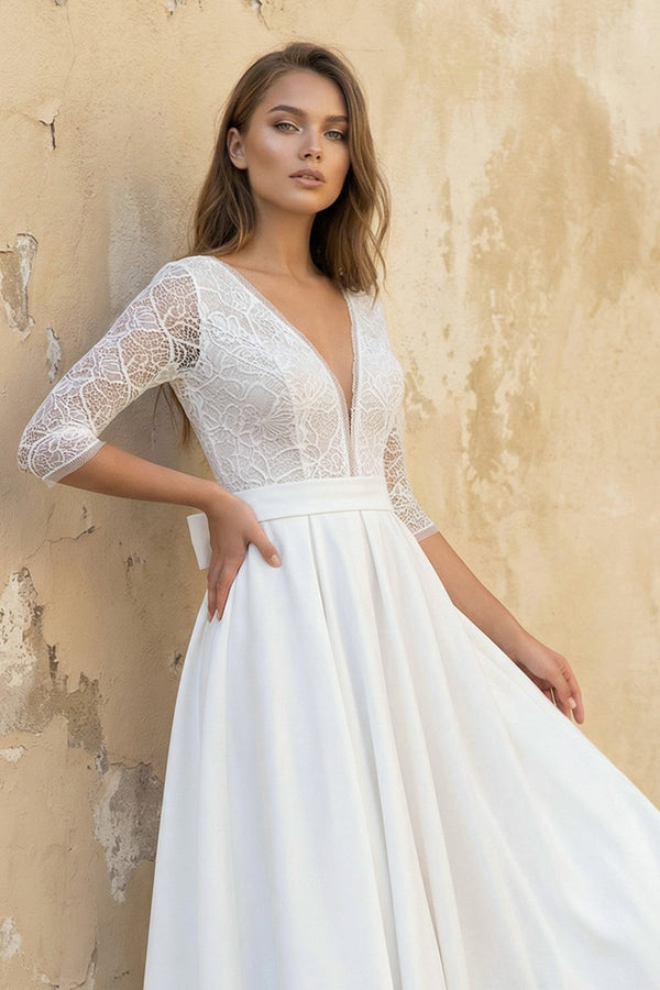Margaritte | Satin V - neck A Line Tea - length Wedding Dress with Ruching and Sash  – Wedding Dresses by KissProm | Available at KissProm