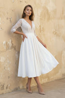 Margaritte | Satin V - neck A Line Tea - length Wedding Dress with Ruching and Sash  – Wedding Dresses by KissProm | Available at KissProm