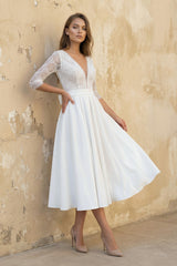 Margaritte | Satin V - neck A Line Tea - length Wedding Dress with Ruching and Sash  – Wedding Dresses by KissProm | Available at KissProm