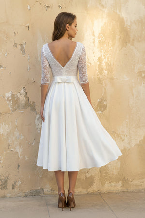 Margaritte | Satin V - neck A Line Tea - length Wedding Dress with Ruching and Sash  – Wedding Dresses by KissProm | Available at KissProm