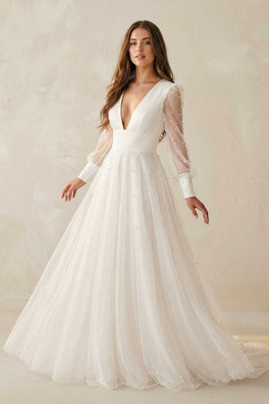 A Line V Neck Long Sleeves Tulle Wedding Dress - KissProm Wedding Dresses